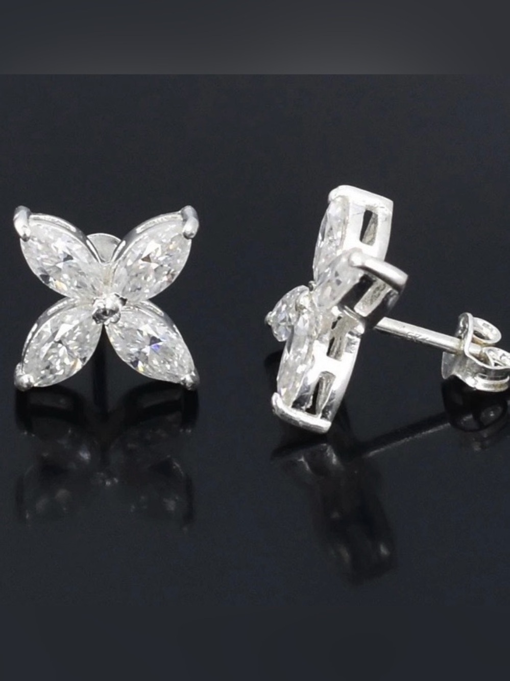 2ct Diamond Earrings- Marquise cut studs Solid Sterling Silver 925 - Picture 2 of 8